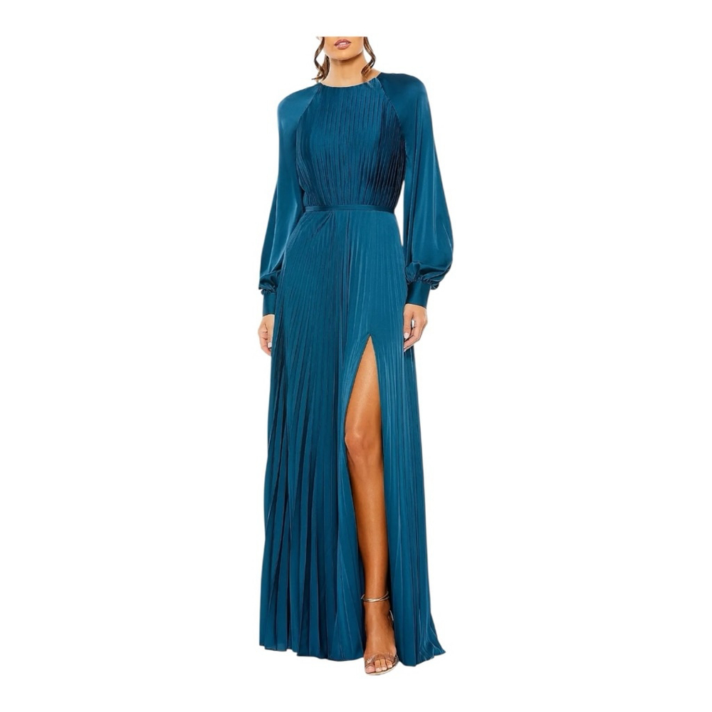 Women's Mac Duggal Teal Pleated Long Sleeve Gown Size 14